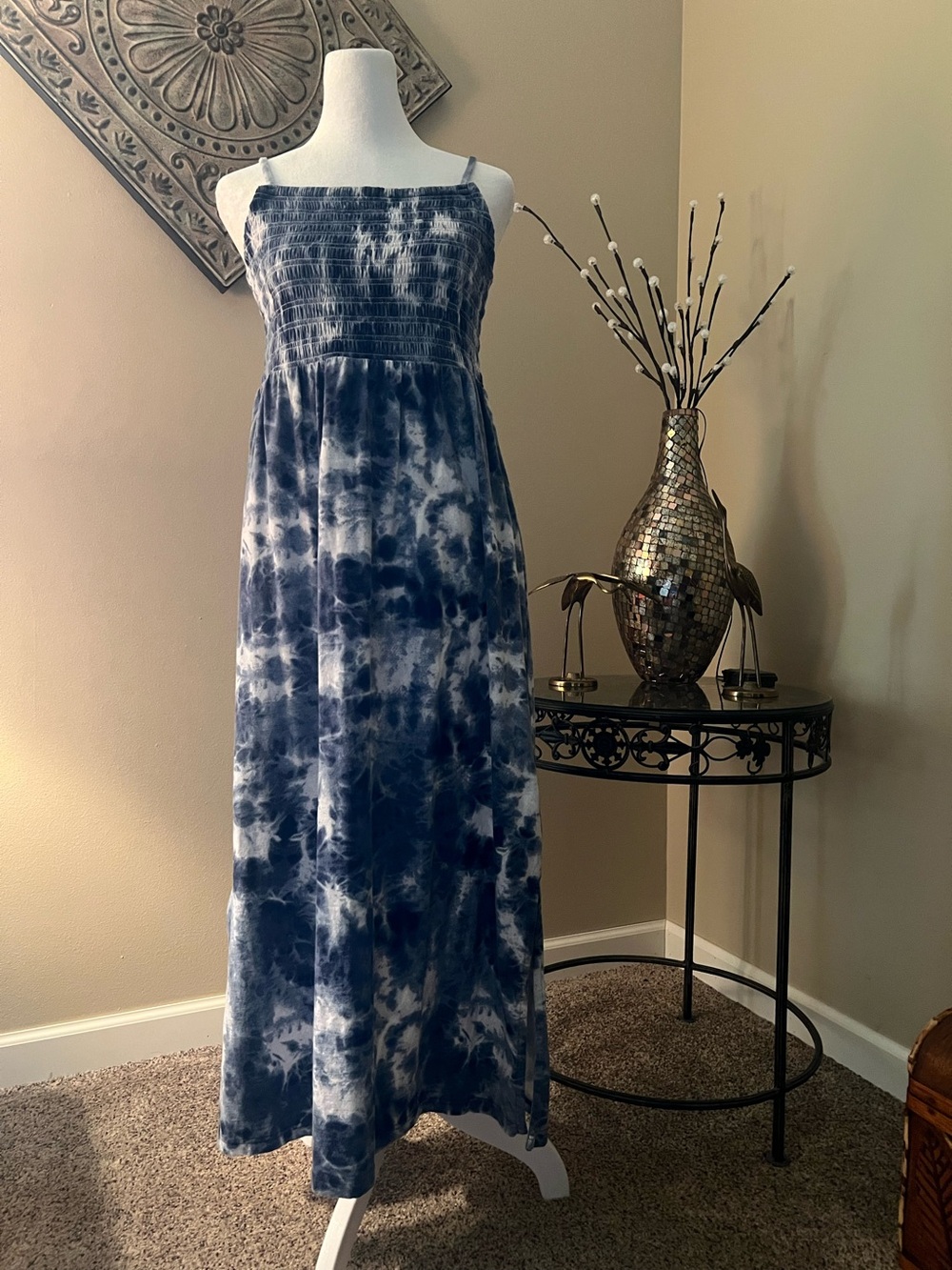 Smocked Tie-Dye Maxi Dress - Blue S